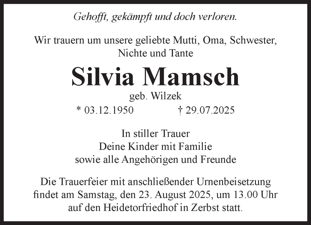  Traueranzeige für Silvia Mamsch vom 09.08.2025 aus Volksstimme Zerbst