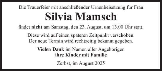 Traueranzeige von Silvia Mamsch von Volksstimme Zerbst