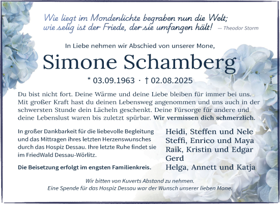 Traueranzeige von Simone Schamberg von Trauerkombi Wittenberg