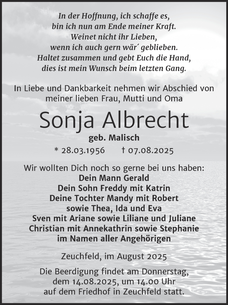  Traueranzeige für Sonja Albrecht vom 09.08.2025 aus Naumburger Tageblatt