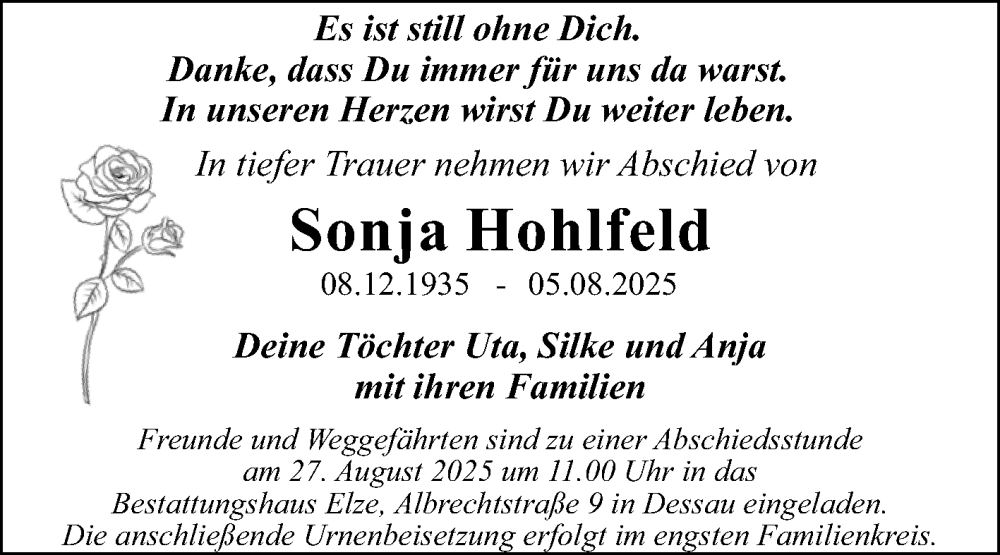 Traueranzeige für Sonja Hohlfeld vom 16.08.2025 aus Trauerkombi Dessau
