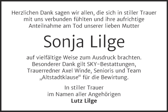 Traueranzeige von Sonja Lilge von Trauerkombi Wittenberg
