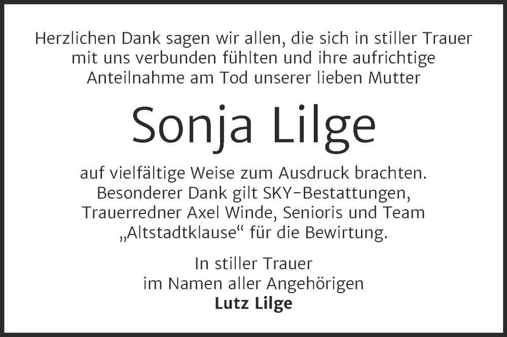  Traueranzeige für Sonja Lilge vom 02.08.2025 aus Trauerkombi Wittenberg
