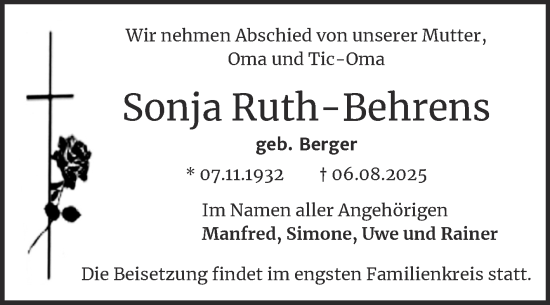 Traueranzeige von Sonja Ruth-Behrens von Trauerkombi Quedlinburg