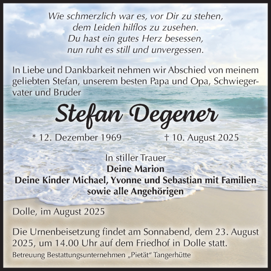 Traueranzeige von Stefan Degener von Volksstimme Haldensleben/Wolmirstedt