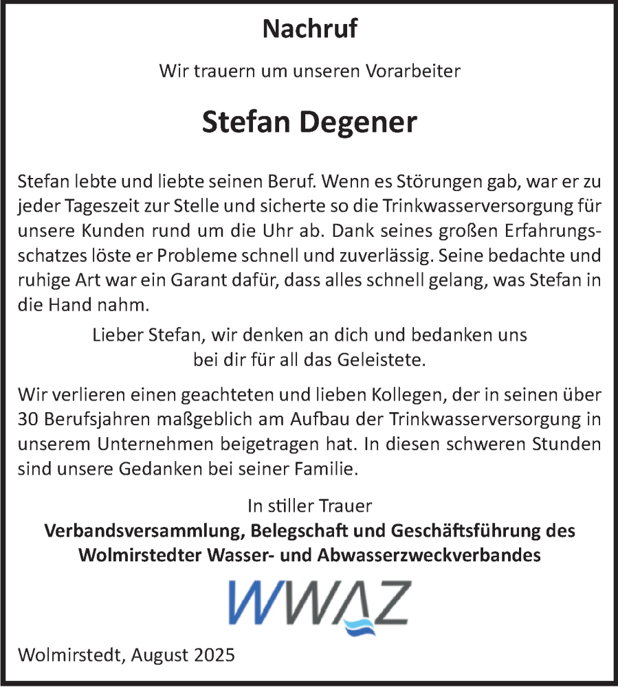  Traueranzeige für Stefan Degener vom 16.08.2025 aus Volksstimme Burg/Genthin