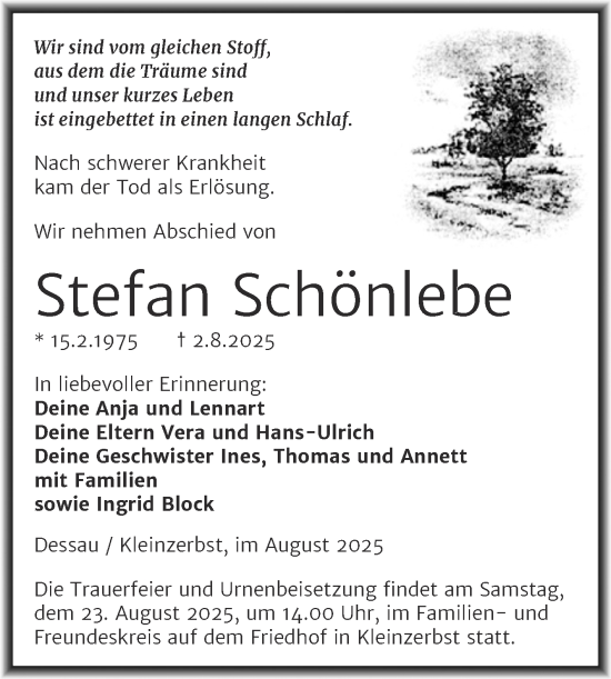 Traueranzeige von Stefan Schönlebe von Trauerkombi Dessau