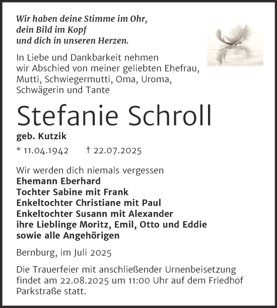 Traueranzeige von Stefanie Schroll von Trauerkombi Bernburg