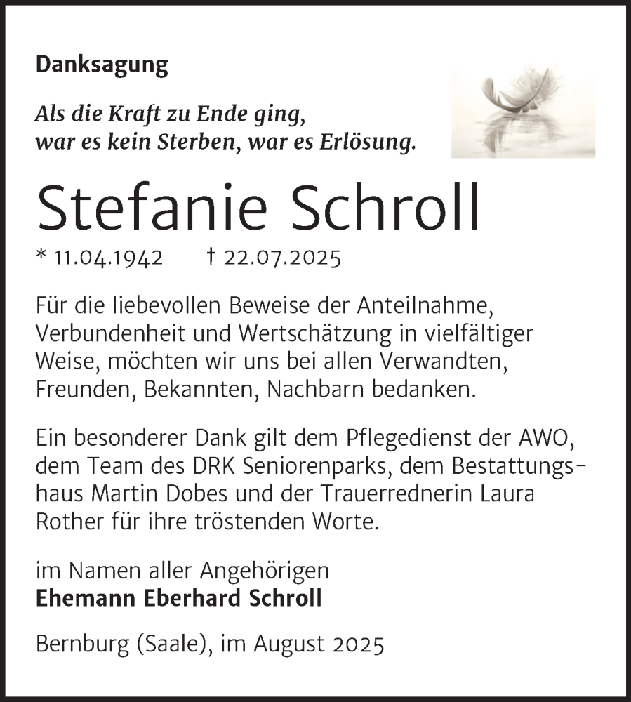  Traueranzeige für Stefanie Schroll vom 30.08.2025 aus Trauerkombi Bernburg
