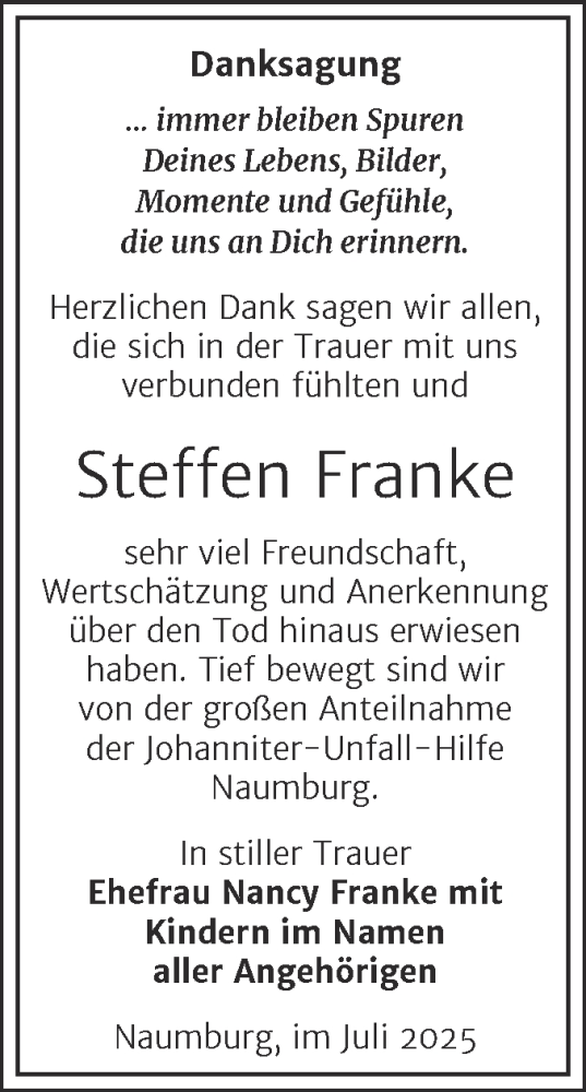  Traueranzeige für Steffen Franke vom 02.08.2025 aus Super Sonntag Naumburg/Nebra