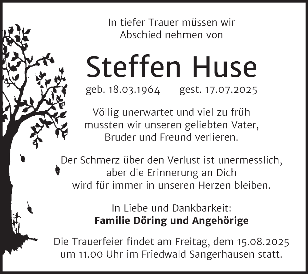  Traueranzeige für Steffen Huse vom 02.08.2025 aus Trauerkombi Sangerhausen