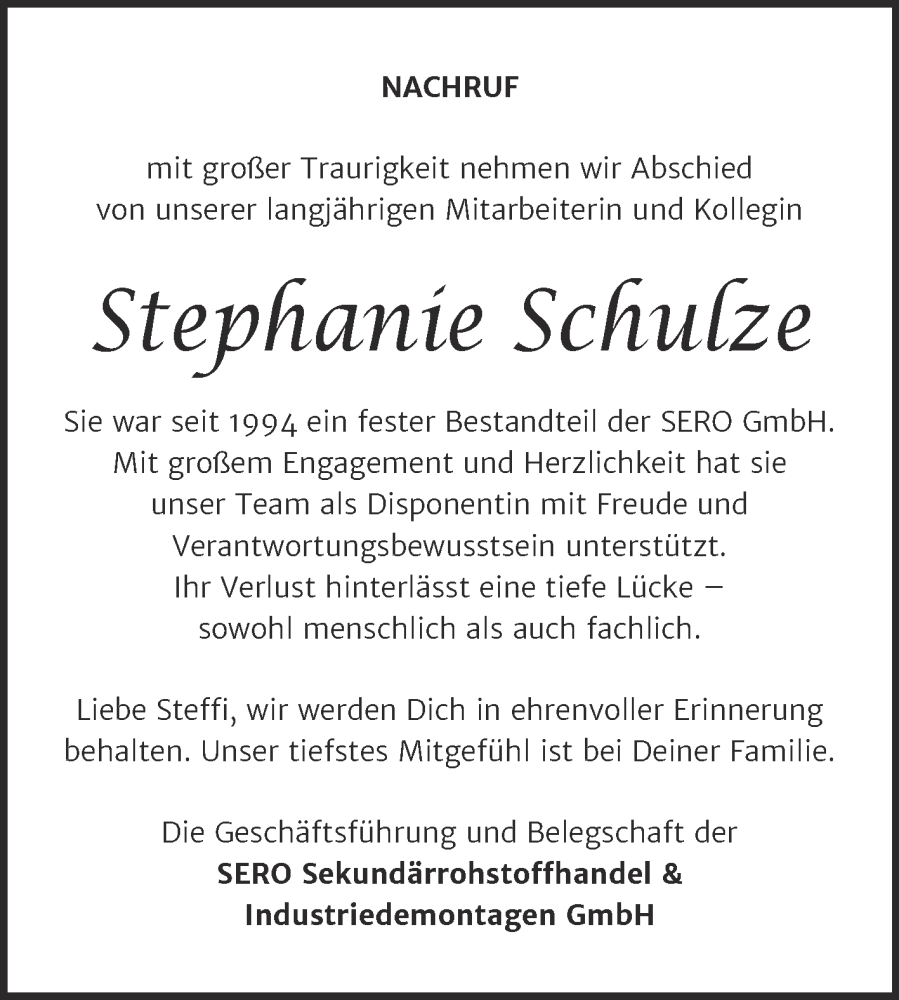  Traueranzeige für Stephanie Schulze vom 02.08.2025 aus Super Sonntag Wittenberg