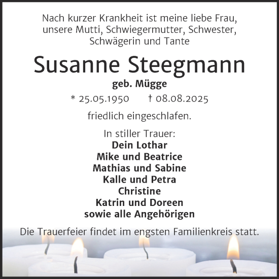 Traueranzeige von Susanne Steegmann von Trauerkombi Aschersleben