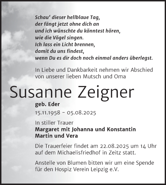 Traueranzeige von Susanne Zeigner von Trauerkombi Zeitz