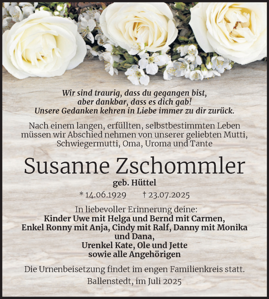  Traueranzeige für Susanne Zschommler vom 02.08.2025 aus Trauerkombi Quedlinburg
