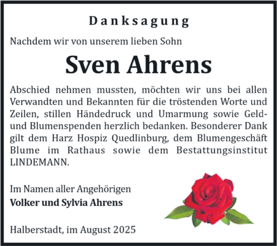 Traueranzeige von Sven Ahrens von Volksstimme Halberstadt
