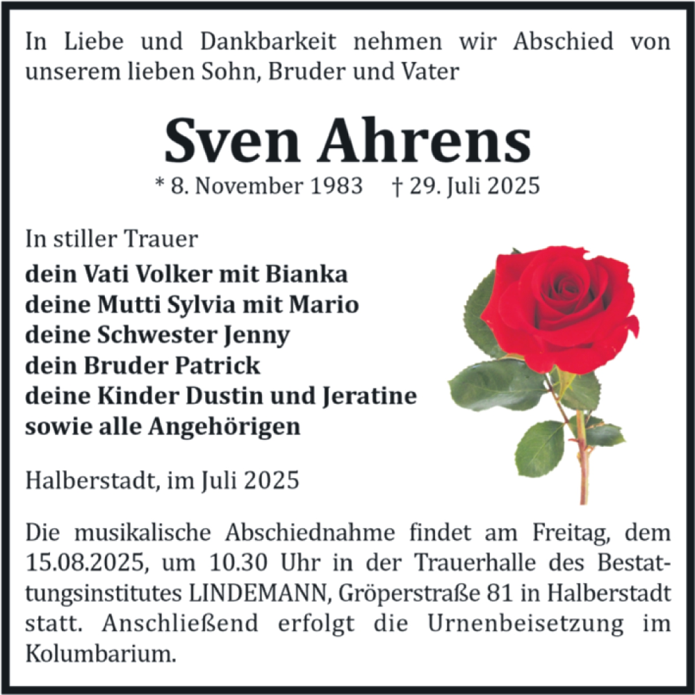 Traueranzeige für Sven Ahrens vom 09.08.2025 aus Volksstimme Halberstadt