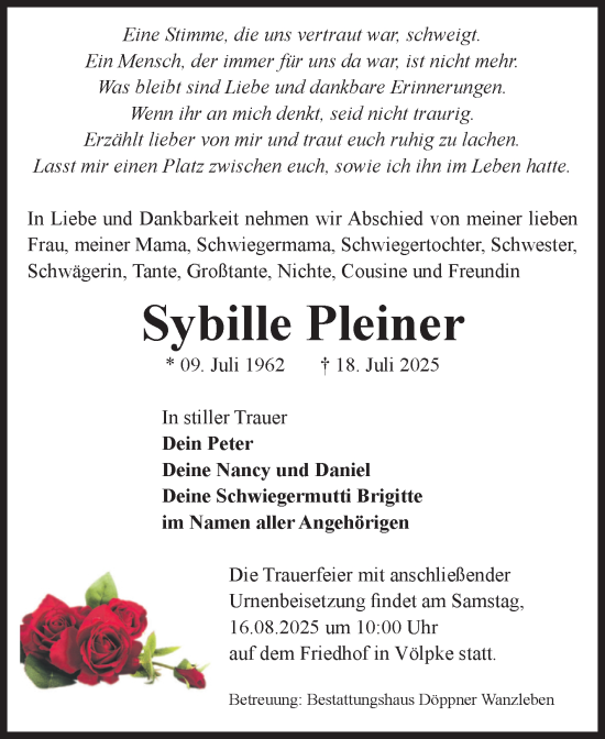 Traueranzeige von Sybille Pleiner von Volksstimme Oschersleben/Wanzleben