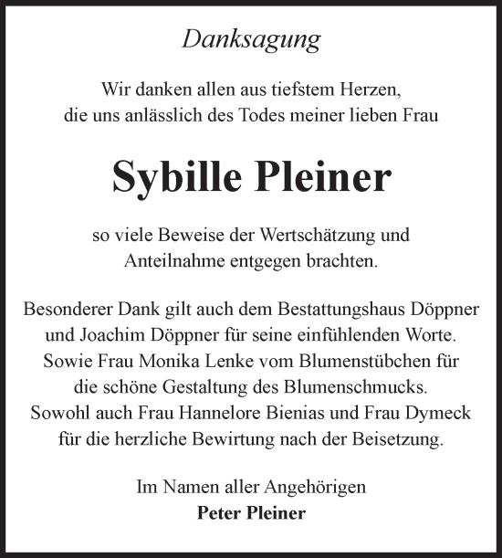 Traueranzeige von Sybille Pleiner von Volksstimme Oschersleben/Wanzleben