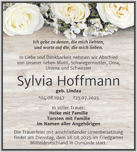 Traueranzeige von Sylvia Hoffmann von Mitteldeutsche Zeitung Halle/Saalkreis