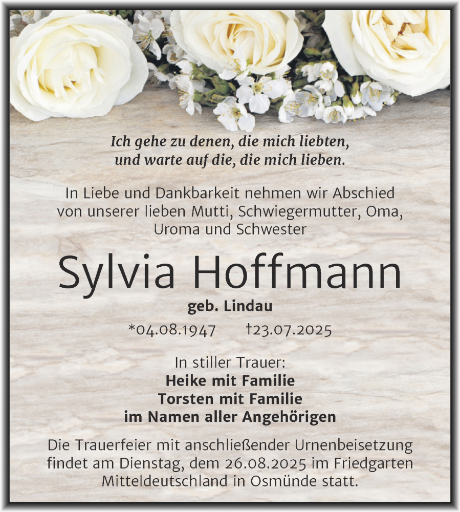  Traueranzeige für Sylvia Hoffmann vom 02.08.2025 aus Mitteldeutsche Zeitung Halle/Saalkreis