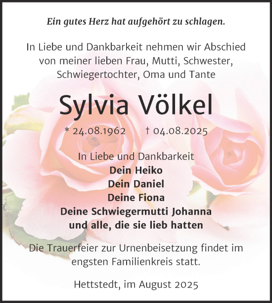 Traueranzeige von Sylvia Völkel von Trauerkombi Mansfelder Land