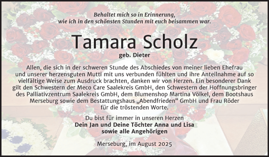 Traueranzeige von Tamara Scholz von Trauerkombi Merseburg