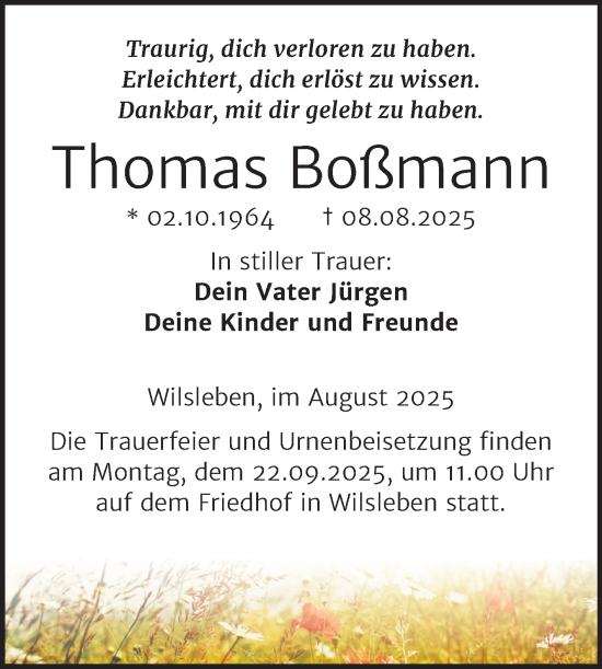 Traueranzeige von Thomas Boßmann von Trauerkombi Aschersleben