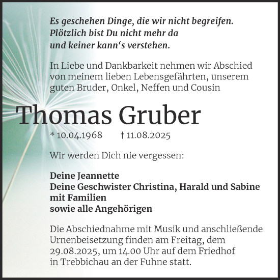 Traueranzeige von Thomas Gruber von Trauerkombi Köthen