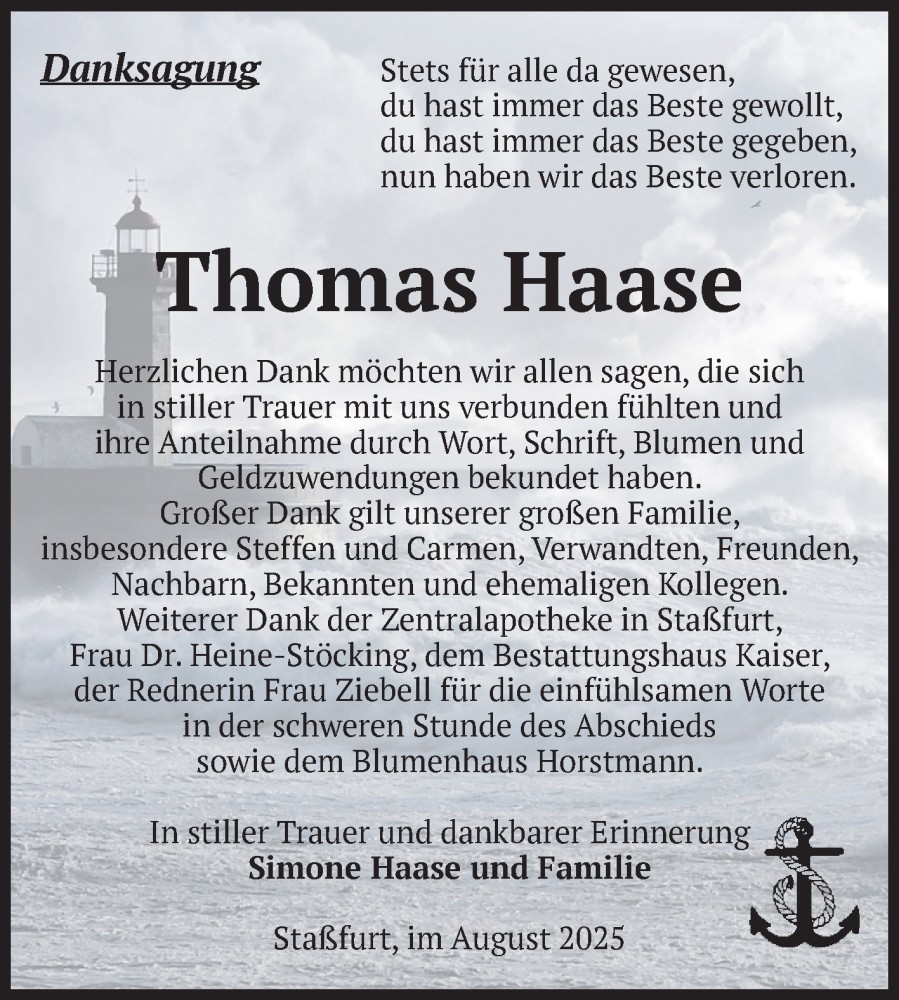 Traueranzeige für Thomas Haase vom 09.08.2025 aus 