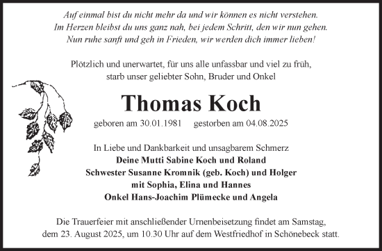 Traueranzeige von Thomas Koch von Volksstimme Schönebeck