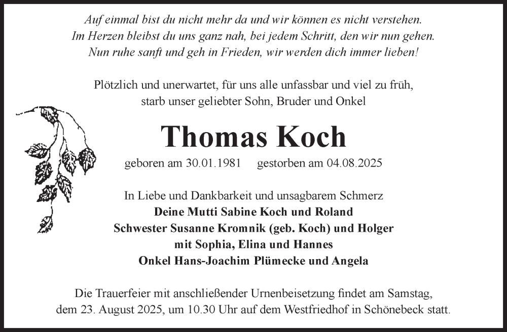  Traueranzeige für Thomas Koch vom 16.08.2025 aus Volksstimme Schönebeck