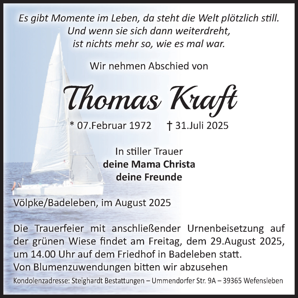  Traueranzeige für Thomas Kraft vom 16.08.2025 aus Volksstimme Oschersleben/Wanzleben