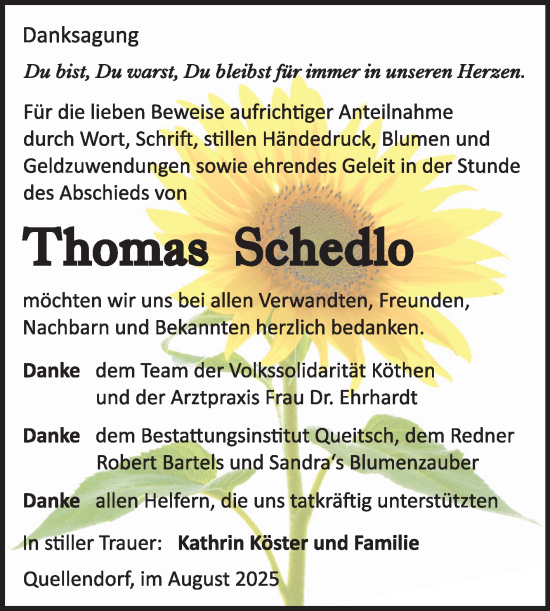 Traueranzeige von Thomas Schedlo von Trauerkombi Köthen