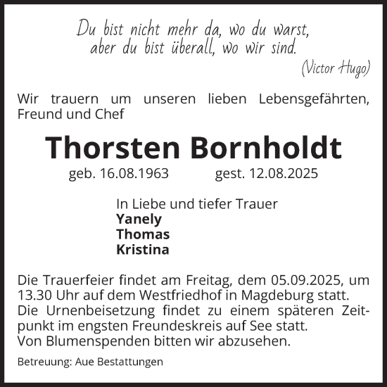Traueranzeige von Thorsten Bornholdt von Volksstimme Magdeburg