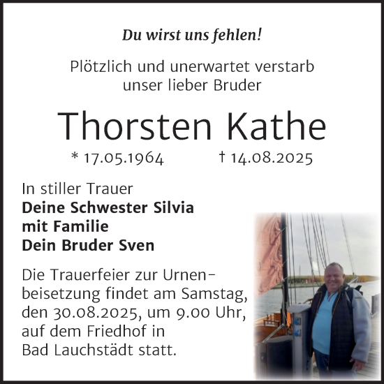 Traueranzeige von Thorsten Kathe von Trauerkombi Merseburg