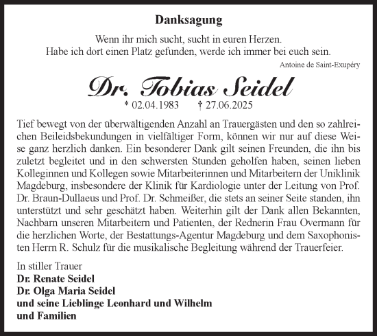 Traueranzeige von Tobias Seidel von Volksstimme Magdeburg