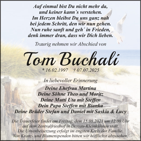 Traueranzeige von Tom Buchali von Trauerkombi Dessau