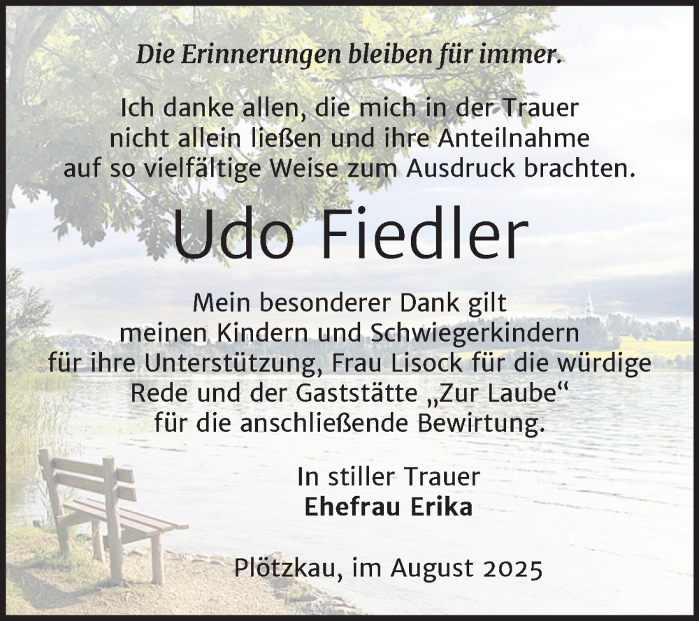  Traueranzeige für Udo Fiedler vom 30.08.2025 aus Trauerkombi Bernburg