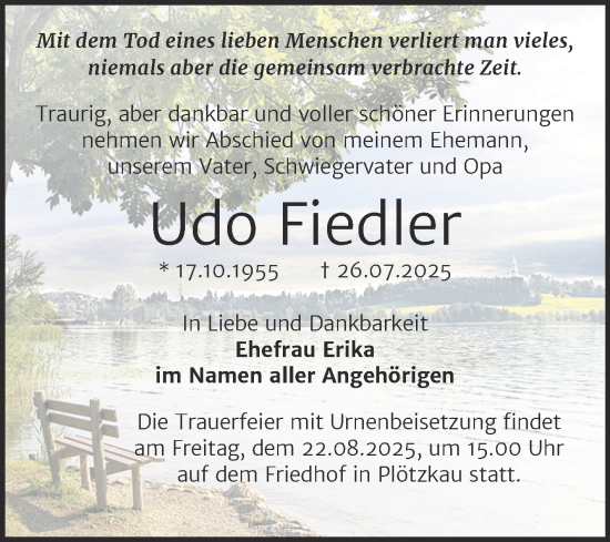 Traueranzeige von Udo Fiedler von Trauerkombi Bernburg