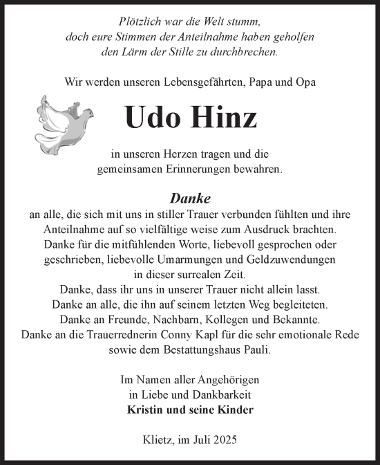 Traueranzeige von Udo Hinz von Volksstimme Altmark Ost