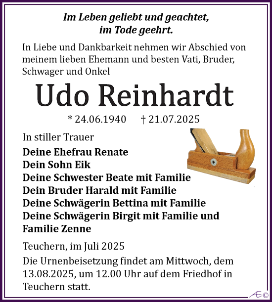 Traueranzeige von Udo Reinhardt von Trauerkombi Weißenfels