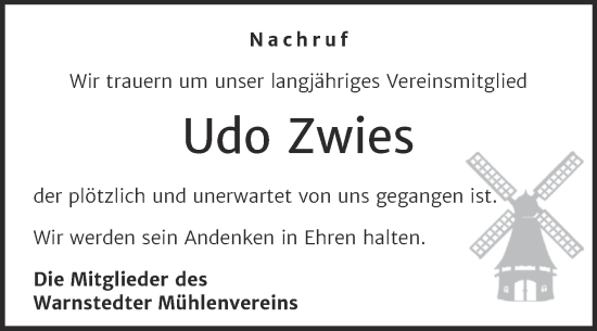Traueranzeige von Udo Zwies von Trauerkombi Quedlinburg