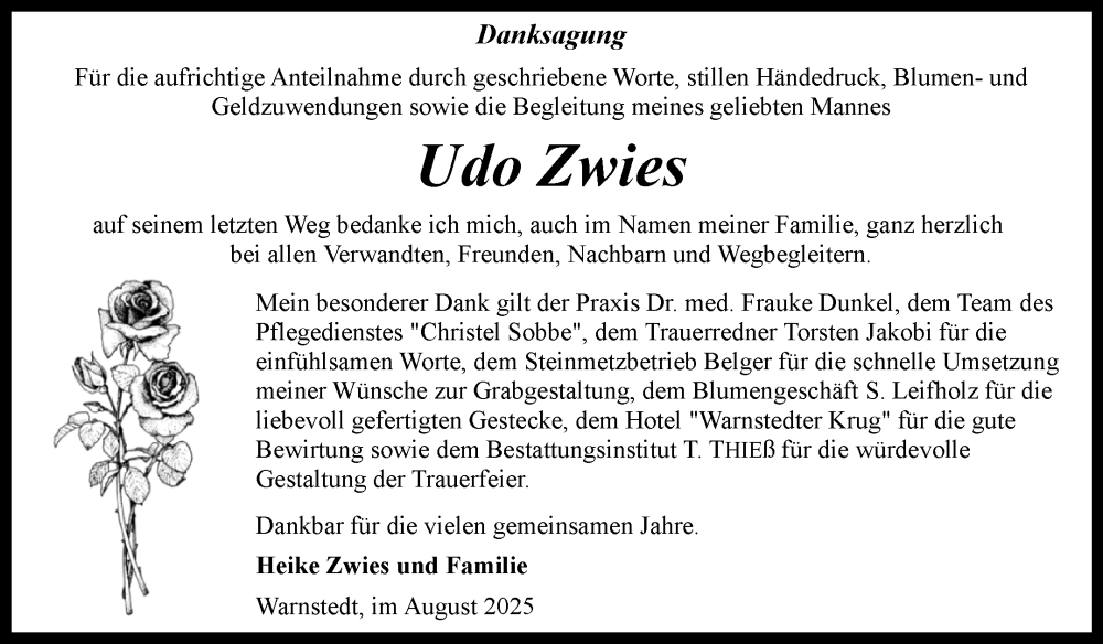  Traueranzeige für Udo Zwies vom 16.08.2025 aus Trauerkombi Quedlinburg