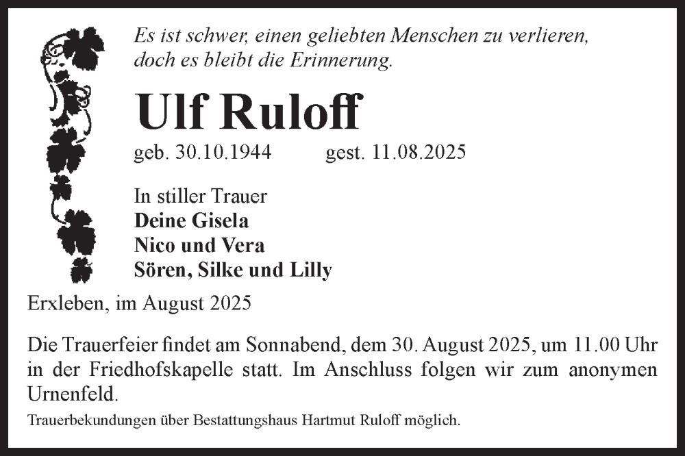  Traueranzeige für Ulf Ruloff vom 16.08.2025 aus Volksstimme Haldensleben/Wolmirstedt