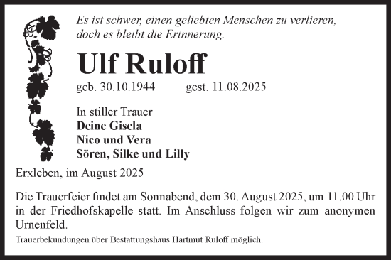 Traueranzeige von Ulf Ruloff von Volksstimme Haldensleben/Wolmirstedt