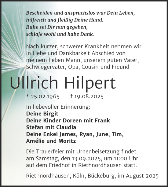 Traueranzeige von Ullrich Hilpert von Trauerkombi Sangerhausen