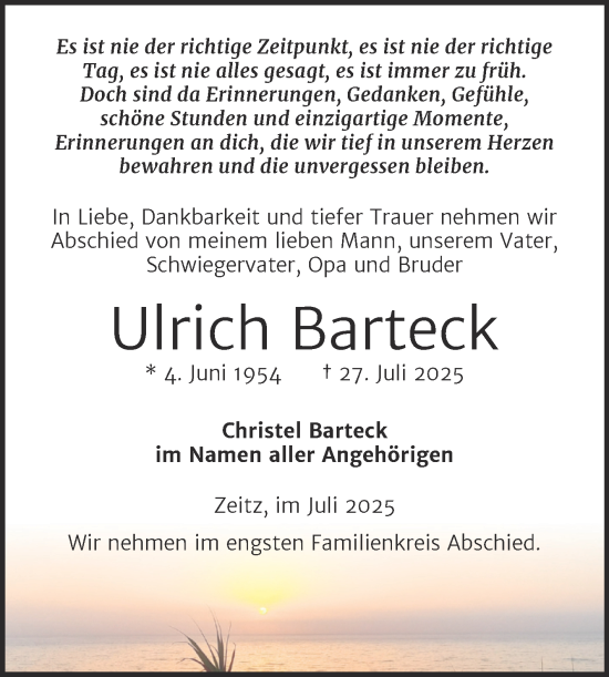 Traueranzeige von Ulrich Barteck von Trauerkombi Zeitz