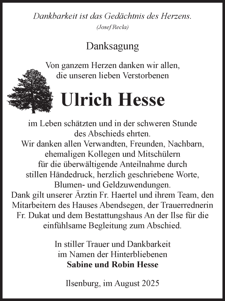  Traueranzeige für Ulrich Hesse vom 23.08.2025 aus Volksstimme Wernigerode