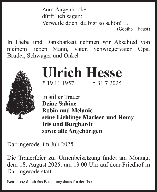 Traueranzeige von Ulrich Hesse von Volksstimme Wernigerode